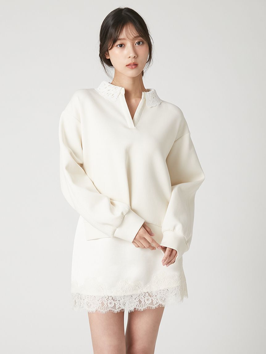 FRAY I.D「【WEB限定】【ウォッシャブル】レースカラーポンチスウェットプルオーバー」|Tシャツ・カットソー|
