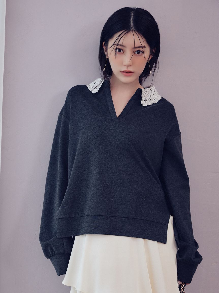 FRAY I.D「【WEB限定】【ウォッシャブル】レースカラーポンチスウェットプルオーバー」|Tシャツ・カットソー|CGRY