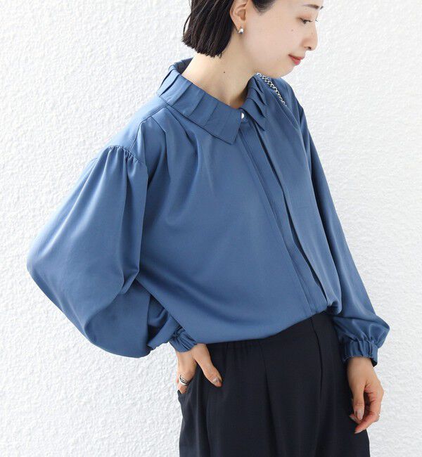SHIPS for women「〈手洗い可能〉襟 タック サテン ロング スリーブ ブラウス」|シャツ・ブラウス|