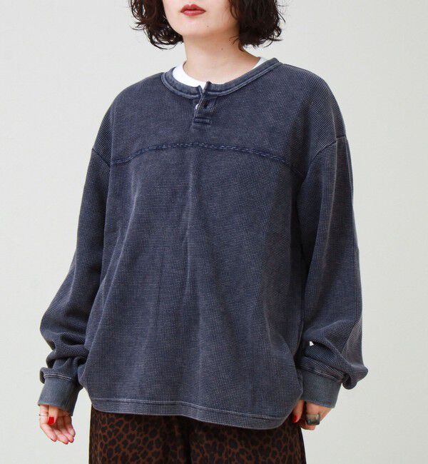GLOSTER「【ヴィンテージライク】硫化染めワッフル ヘンリーネックロングスリーブTシャツ」|Tシャツ・カットソー|インディゴブルー
