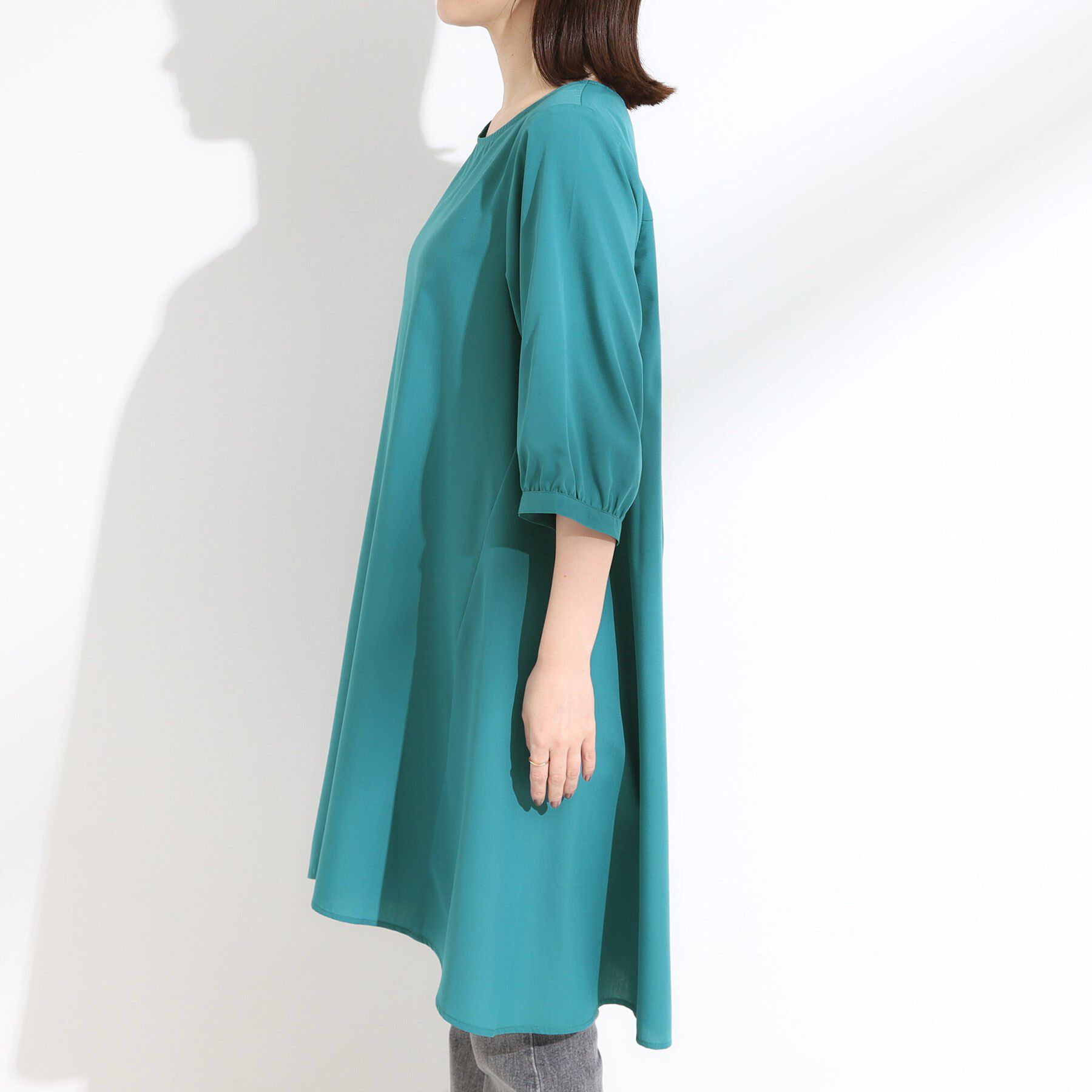 SHOO･LA･RUE「【S-LL/洗濯後しわになりにくい/UV/6分袖】コットン風 Aラインチュニックワンピース」|チュニック|