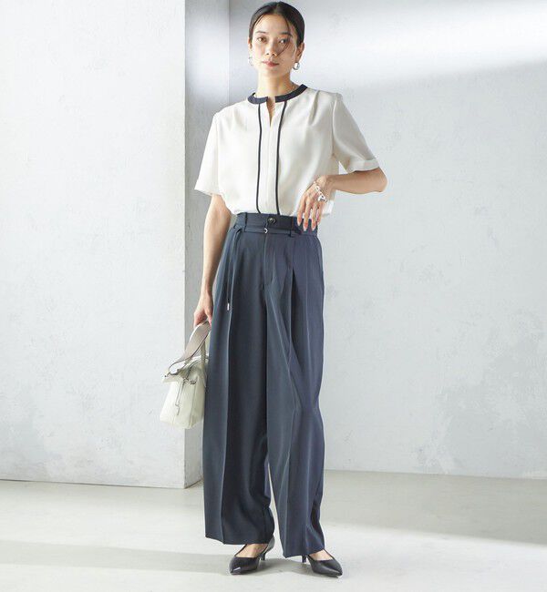 SHIPS for women「〈手洗い可能〉パイピング キーネック 半袖 ブラウス」|シャツ・ブラウス|