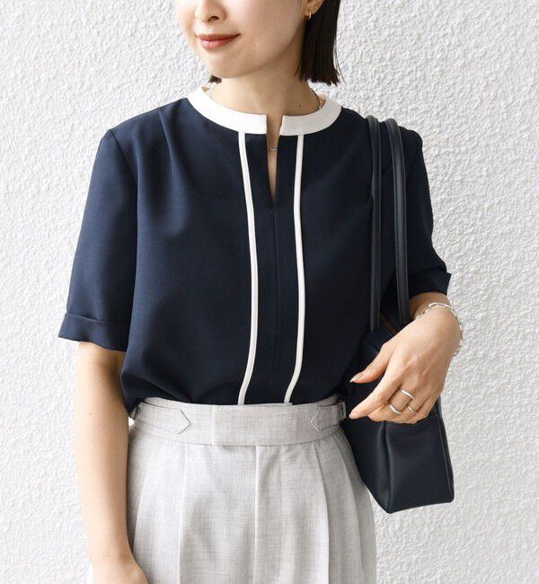 SHIPS for women「〈手洗い可能〉パイピング キーネック 半袖 ブラウス」|シャツ・ブラウス|