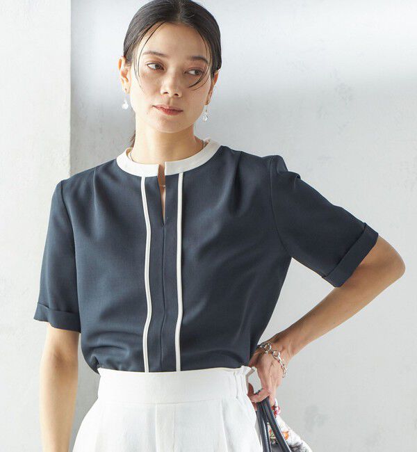 SHIPS for women「〈手洗い可能〉パイピング キーネック 半袖 ブラウス」|シャツ・ブラウス|