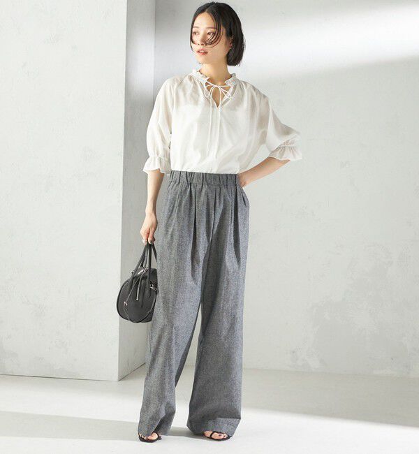 SHIPS for women「〈接触冷感・手洗い可能〉麻混 シャンブレー ウエスト ゴム ワイド パンツ」|その他|