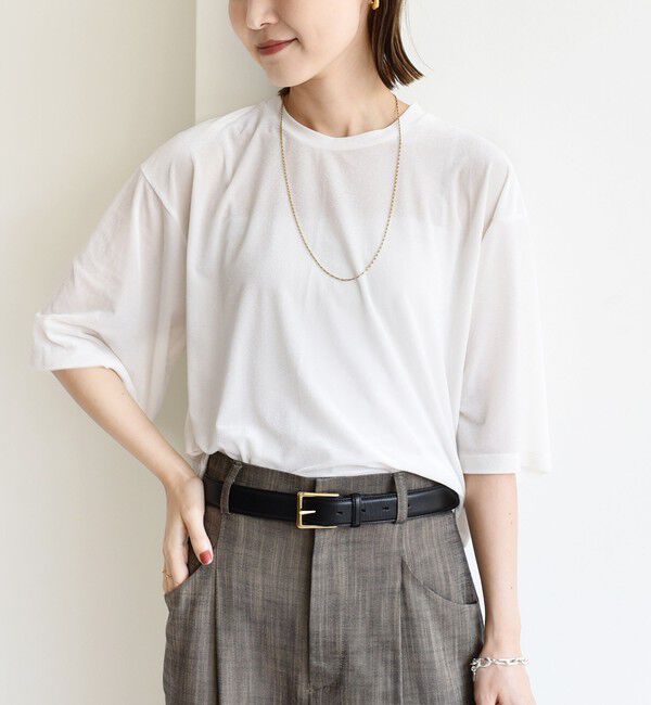 SHIPS for women「〈手洗い可能〉シアー トリコット ポリエステル ベロア 五分袖 ワイド TEE」|Tシャツ・カットソー|