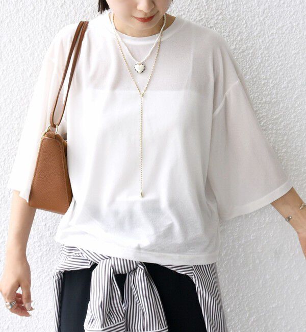 SHIPS for women「〈手洗い可能〉シアー トリコット ポリエステル ベロア 五分袖 ワイド TEE」|Tシャツ・カットソー|