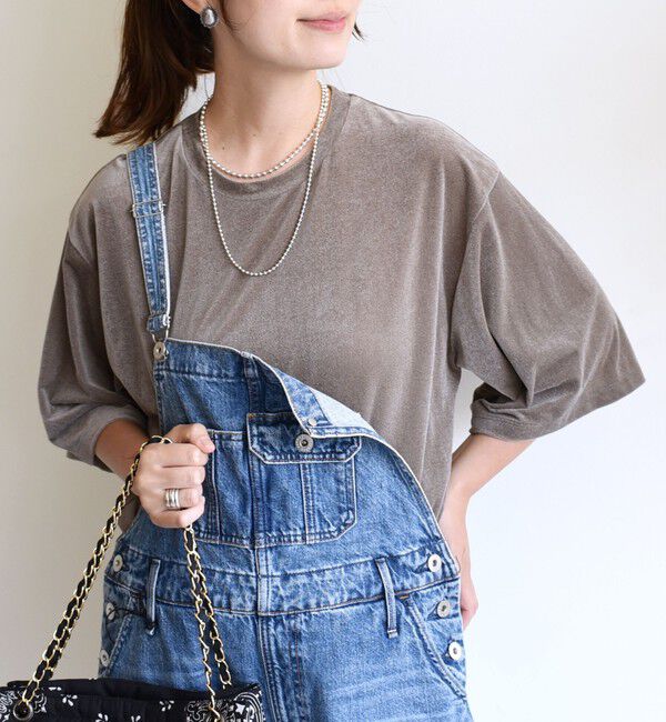 SHIPS for women「〈手洗い可能〉シアー トリコット ポリエステル ベロア 五分袖 ワイド TEE」|Tシャツ・カットソー|ダークグレー