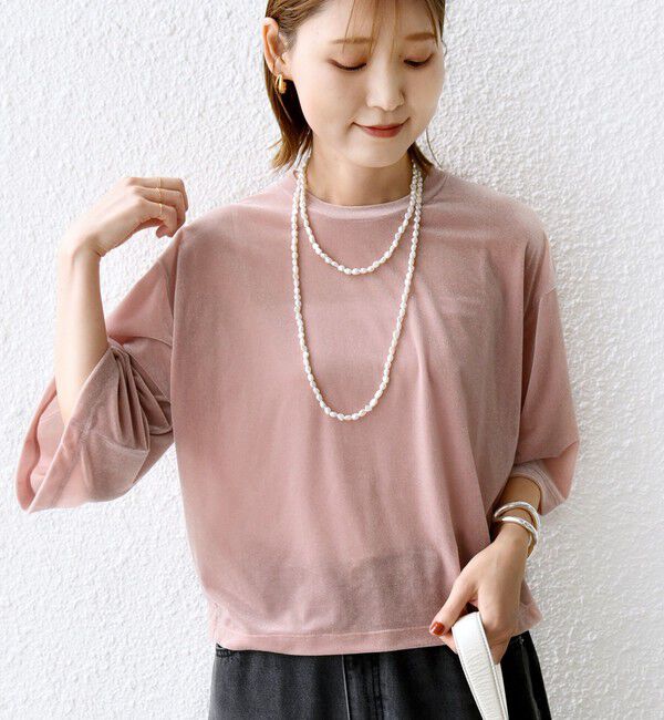 SHIPS for women「〈手洗い可能〉シアー トリコット ポリエステル ベロア 五分袖 ワイド TEE」|Tシャツ・カットソー|