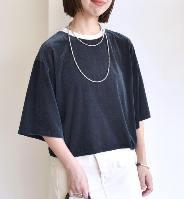 SHIPS for women「〈手洗い可能〉シアー トリコット ポリエステル ベロア 五分袖 ワイド TEE」|Tシャツ・カットソー|
