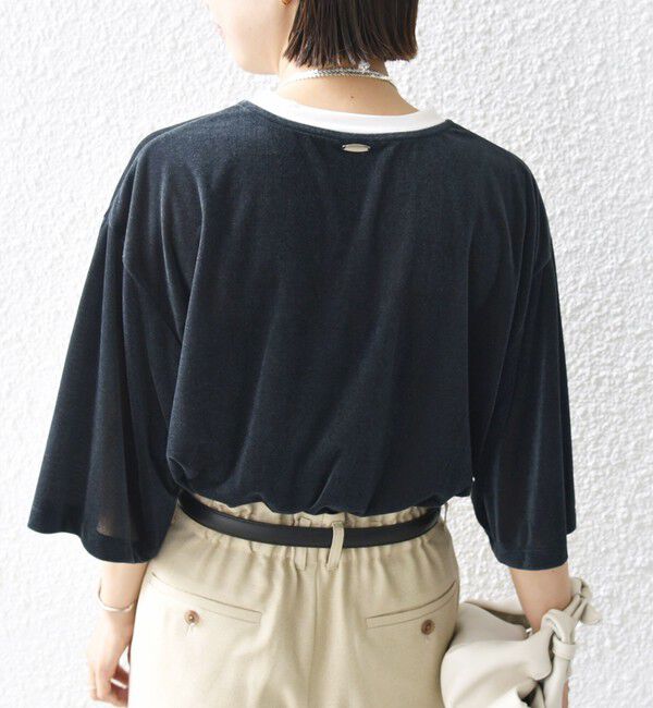 SHIPS for women「〈手洗い可能〉シアー トリコット ポリエステル ベロア 五分袖 ワイド TEE」|Tシャツ・カットソー|
