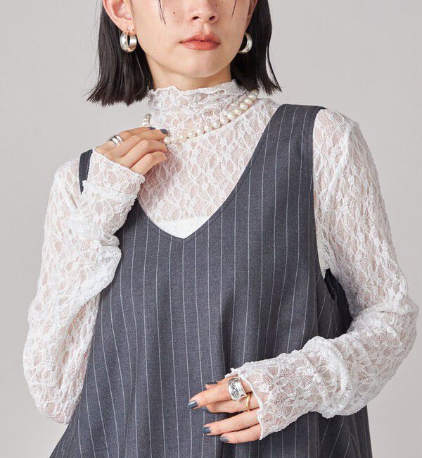 SHIPS for women「SHIPS NINE CASE:〈手洗い可能〉シアー レース ハイネック プルオーバー」|Tシャツ・カットソー|