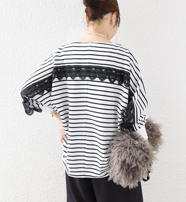SHIPS for women「【WEB限定】〈手洗い可能〉バック レース 袖 ロング リブ ドルマン プルオーバー」|Tシャツ・カットソー|