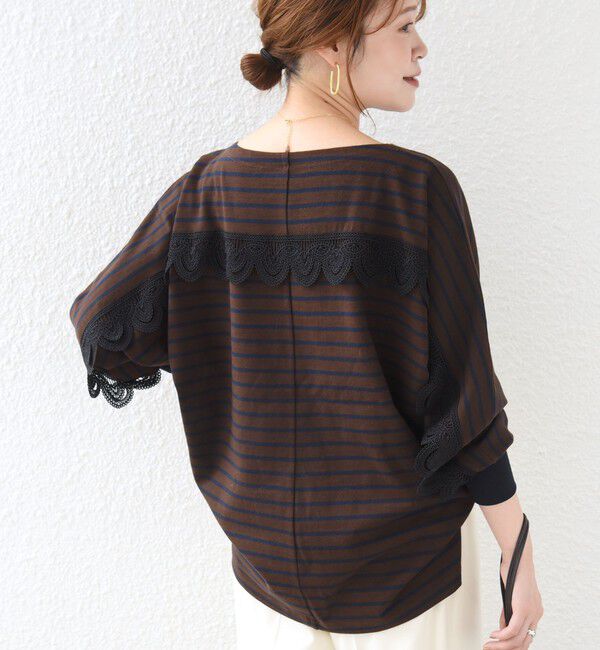 SHIPS for women「【WEB限定】〈手洗い可能〉バック レース 袖 ロング リブ ドルマン プルオーバー」|Tシャツ・カットソー|