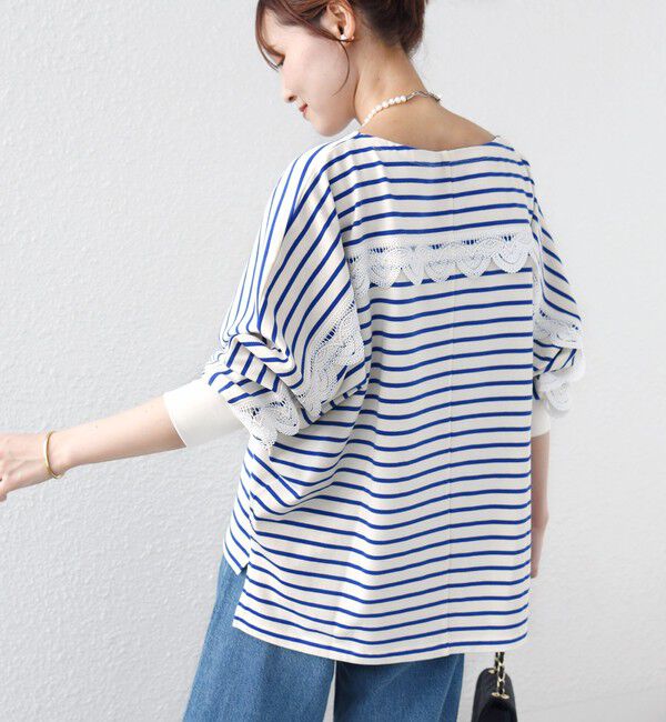 SHIPS for women「【WEB限定】〈手洗い可能〉バック レース 袖 ロング リブ ドルマン プルオーバー」|Tシャツ・カットソー|ブルー
