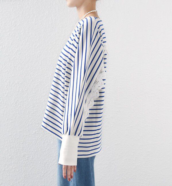 SHIPS for women「【WEB限定】〈手洗い可能〉バック レース 袖 ロング リブ ドルマン プルオーバー」|Tシャツ・カットソー|