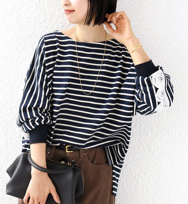 SHIPS for women「【WEB限定】〈手洗い可能〉バック レース 袖 ロング リブ ドルマン プルオーバー」|Tシャツ・カットソー|