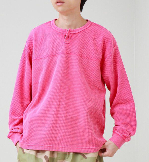 GLOSTER「【ヴィンテージライク】硫化染めワッフル ヘンリーネックロングスリーブTシャツ」|Tシャツ・カットソー|サーモンピンク