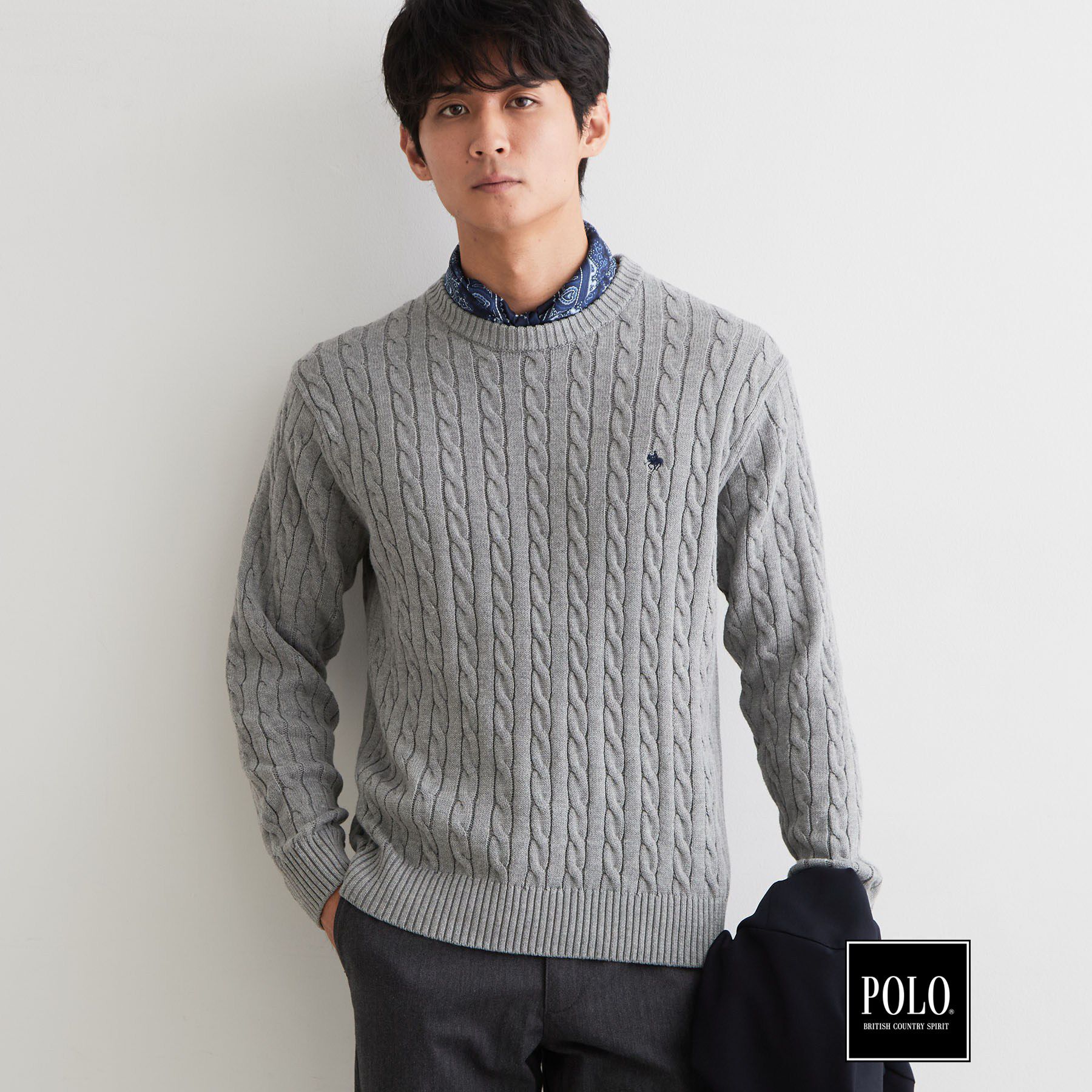 THE SHOP TK「POLO BCS / 別注ケーブルニット」|ニット・セーター|グレー(012)