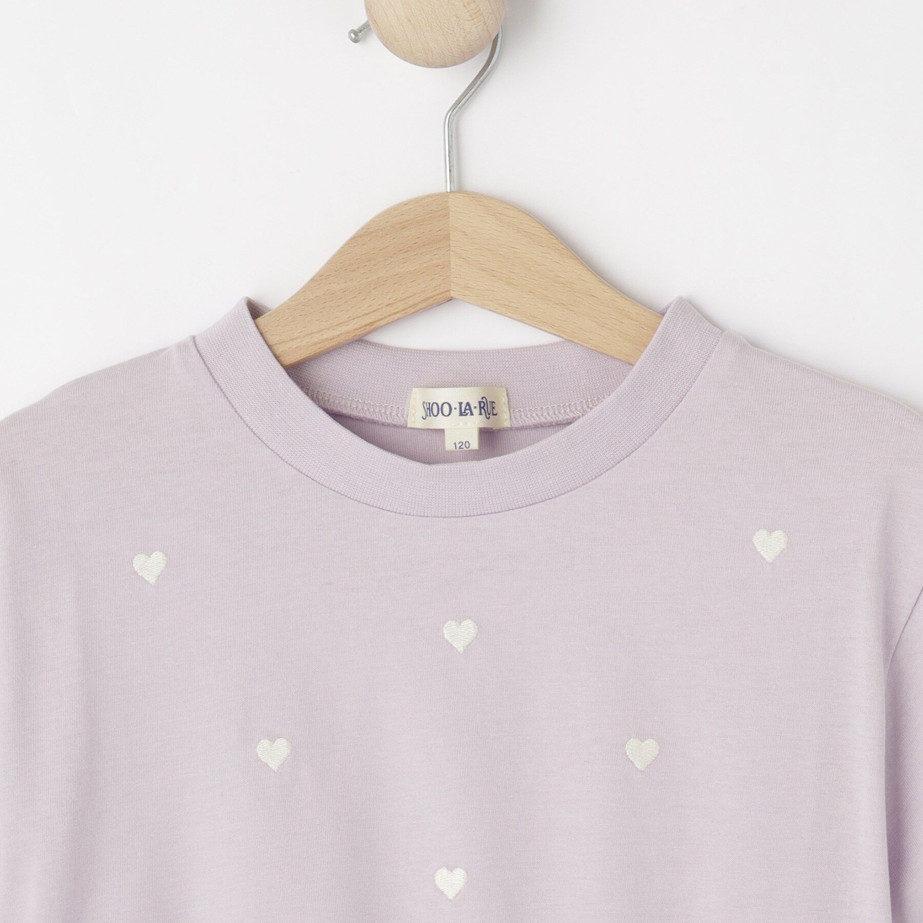 SHOO･LA･RUE「【100-150cm】裾フリルハート刺繍Tシャツ」|Tシャツ・カットソー|