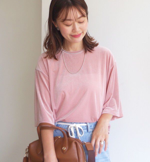 SHIPS for women「〈手洗い可能〉シアー トリコット ポリエステル ベロア 五分袖 ワイド TEE」|Tシャツ・カットソー|