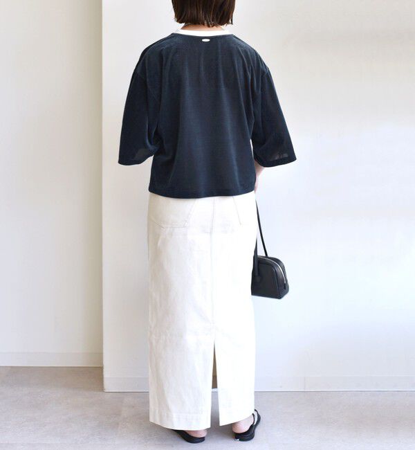SHIPS for women「〈手洗い可能〉シアー トリコット ポリエステル ベロア 五分袖 ワイド TEE」|Tシャツ・カットソー|