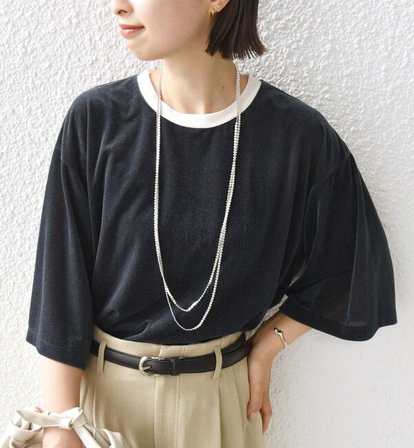 SHIPS for women「〈手洗い可能〉シアー トリコット ポリエステル ベロア 五分袖 ワイド TEE」|Tシャツ・カットソー|