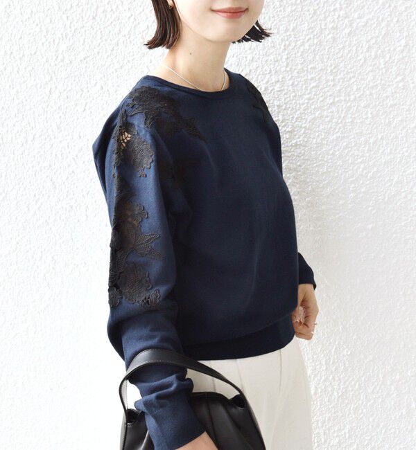 SHIPS for women「【WEB限定】〈手洗い可能〉ショルダー レース コンビ ニット プルオーバー」|ニット・セーター|