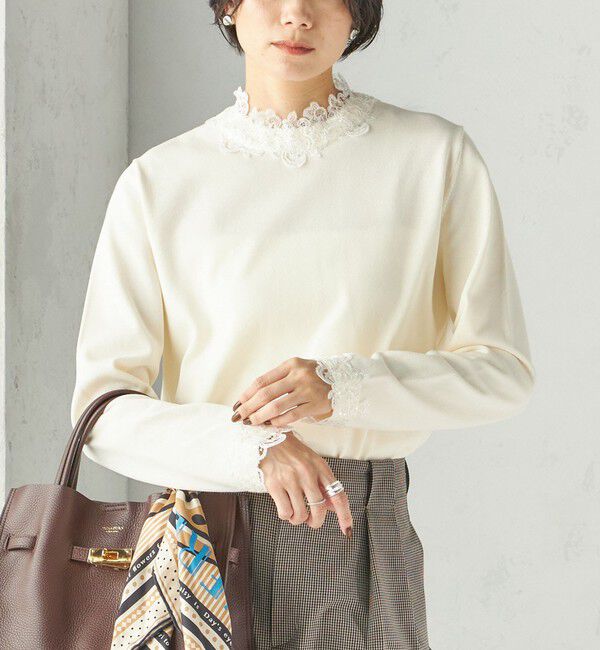SHIPS for women「〈手洗い可能〉レース パールモチーフ コンビ プルオーバー」|ニット・セーター|ホワイト系