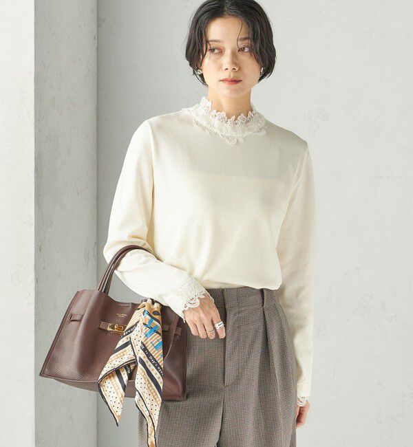 SHIPS for women「〈手洗い可能〉レース パールモチーフ コンビ プルオーバー」|ニット・セーター|