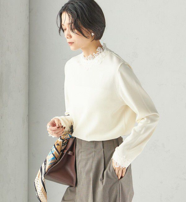 SHIPS for women「〈手洗い可能〉レース パールモチーフ コンビ プルオーバー」|ニット・セーター|