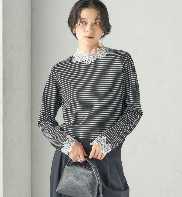 SHIPS for women「〈手洗い可能〉レース パールモチーフ コンビ プルオーバー」|ニット・セーター|