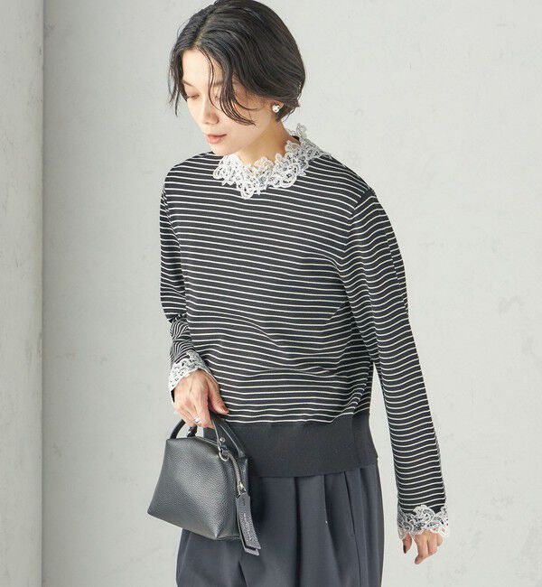 SHIPS for women「〈手洗い可能〉レース パールモチーフ コンビ プルオーバー」|ニット・セーター|