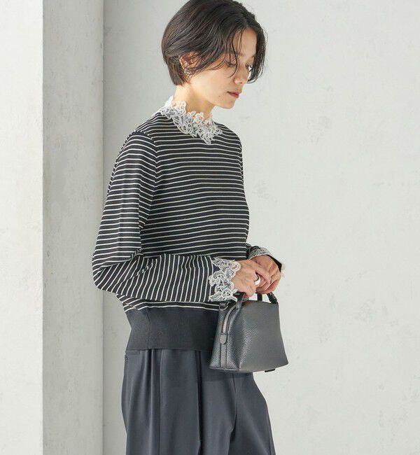 SHIPS for women「〈手洗い可能〉レース パールモチーフ コンビ プルオーバー」|ニット・セーター|