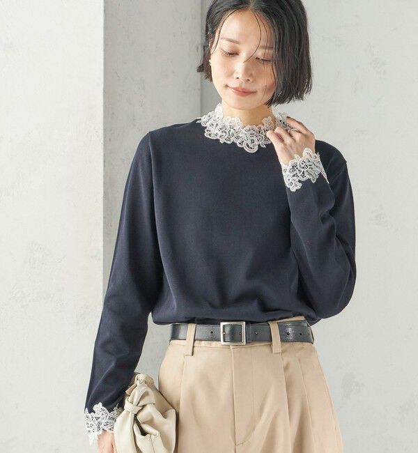 SHIPS for women「〈手洗い可能〉レース パールモチーフ コンビ プルオーバー」|ニット・セーター|ネイビー