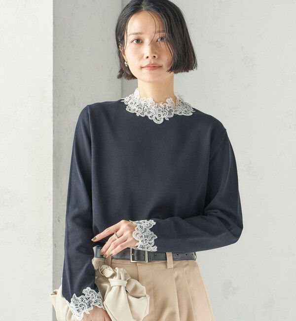 SHIPS for women「〈手洗い可能〉レース パールモチーフ コンビ プルオーバー」|ニット・セーター|