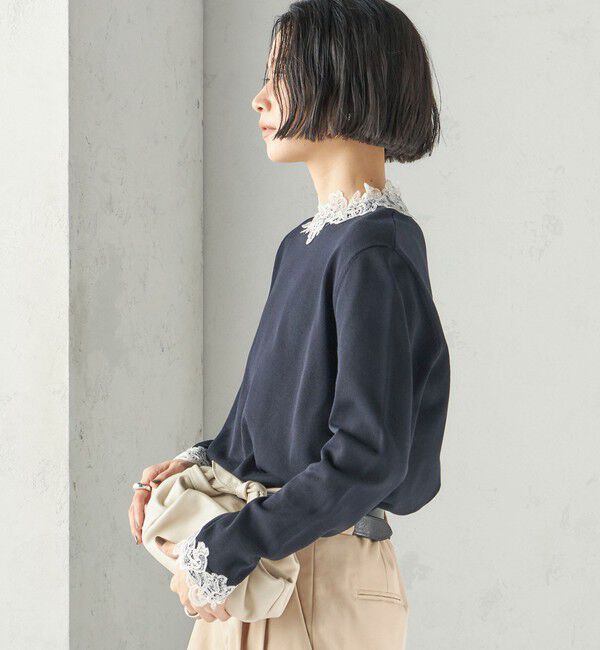SHIPS for women「〈手洗い可能〉レース パールモチーフ コンビ プルオーバー」|ニット・セーター|