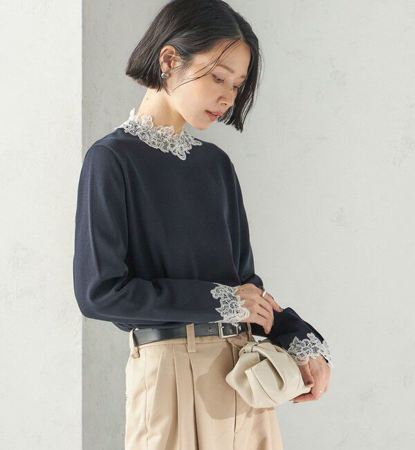 SHIPS for women「〈手洗い可能〉レース パールモチーフ コンビ プルオーバー」|ニット・セーター|
