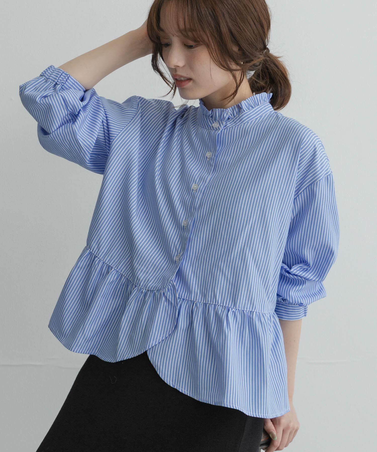 Sonny Label 「『WEB限定』スタンドカラーフリルペプラムブラウス」|シャツ・ブラウス|ブルー