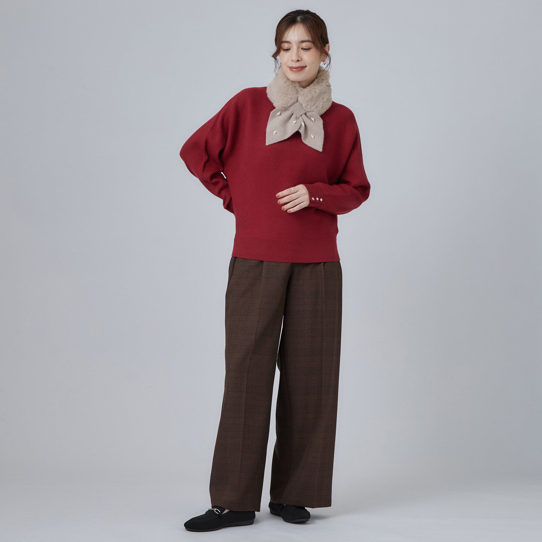 SHOO･LA･RUE「フェイクパール付きニット&times;ファーティペット」|ストール|