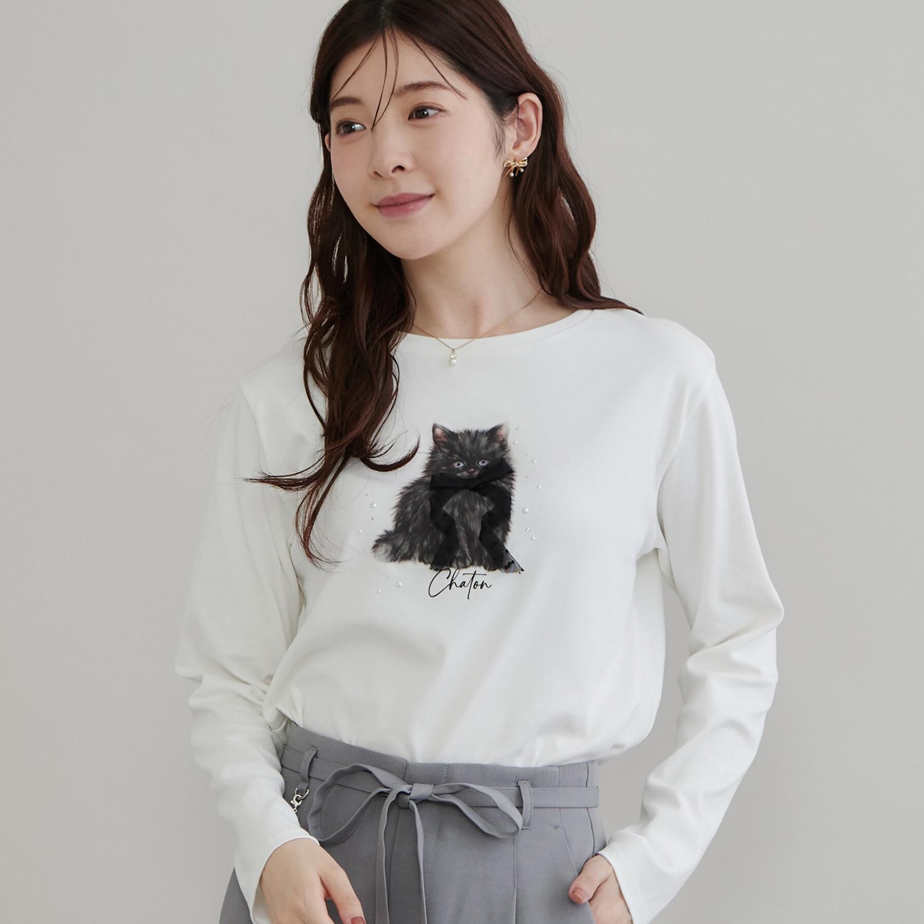 Couture broach「【立体的なパール調デザイン】猫プリント／ロゴ刺繍アソート ロンT」|Tシャツ・カットソー|オフホワイト(103