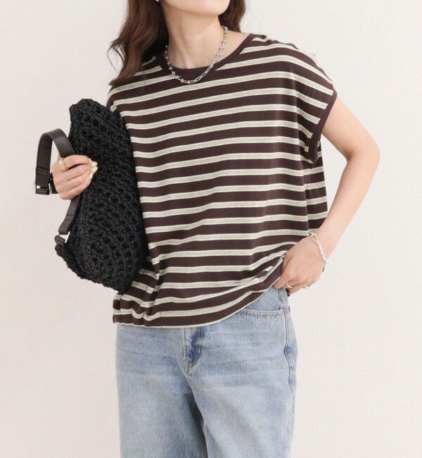 fredy emue「【汗ジミ軽減】ボーダー裾タックフレンチプルオーバーカットソー」|Tシャツ・カットソー|ブラウン系その他