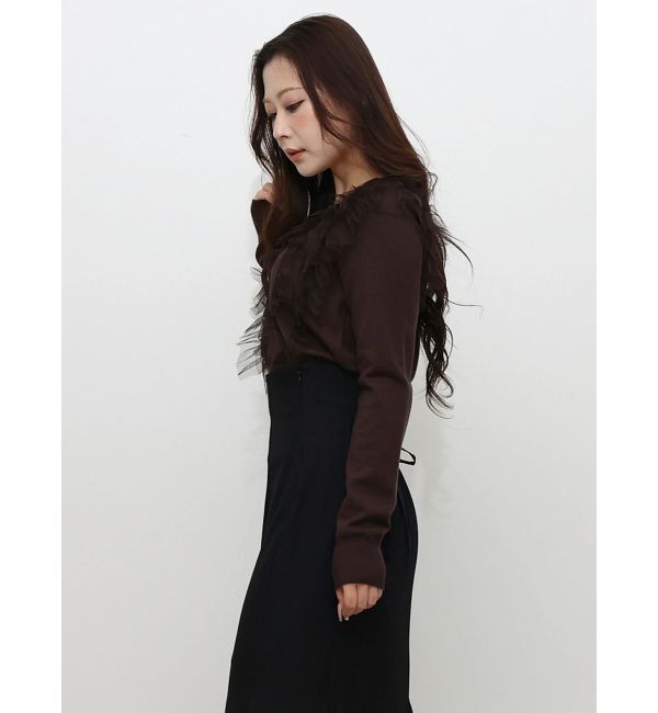 MERCURYDUO「チュールフリルVネックニット」|ニット・セーター|