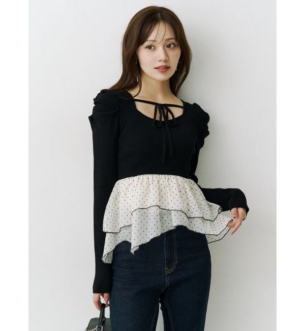 MERCURYDUO「異素材ティアードパフスリーブリブニット」|ニット・セーター|