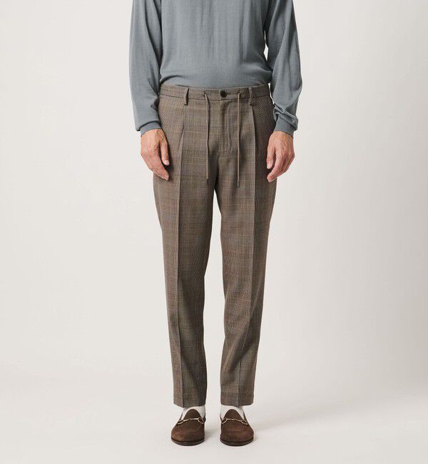 UNITED ARROWS「＜SOVEREIGN＞ ブラウン グレンチェック ハーフギャザー イージースラックス」|チノ|