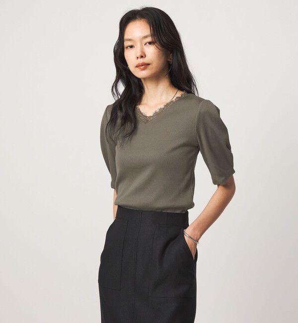 UNITED ARROWS green label relaxing「ブライトリブ レース 5分袖 プルオーバー カットソー」|Tシャツ・カットソー|OLIVE