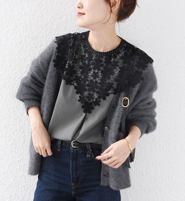 SHIPS for women「【WEB限定】〈手洗い可能〉フラワー ヨーク レース ロング スリーブ ブラウス」|シャツ・ブラウス|グレー