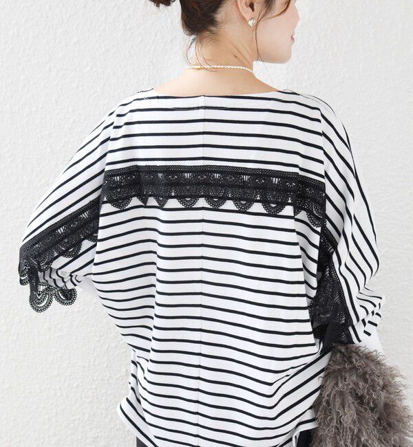 SHIPS for women「【WEB限定】〈手洗い可能〉バック レース 袖 ロング リブ ドルマン プルオーバー」|Tシャツ・カットソー|