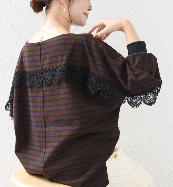 SHIPS for women「【WEB限定】〈手洗い可能〉バック レース 袖 ロング リブ ドルマン プルオーバー」|Tシャツ・カットソー|ブラウン