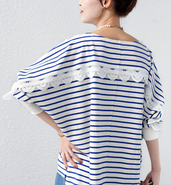 SHIPS for women「【WEB限定】〈手洗い可能〉バック レース 袖 ロング リブ ドルマン プルオーバー」|Tシャツ・カットソー|